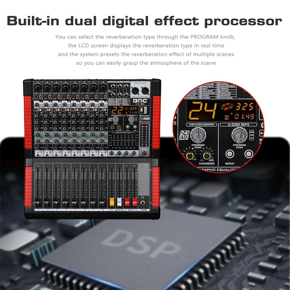 BOMGE X-8 Professional 8 Channel Audio Mixer Sound Board Mixing Console 8 Mic/Line Input Interface USB/MP3/Bluetooth Input 48V Phantom Power 24 FX DSP For PC, Studio Recording, Live Performance