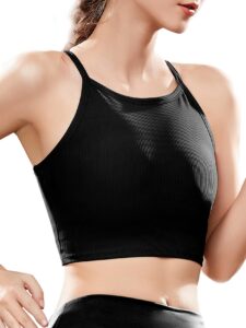 chilylori high neck sports bra workout crop tops for women long lined sports bra ribbed sports bra padded yoga tops racerback crop tank top for women workout tops sport bra black l