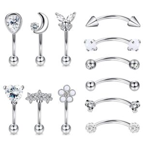 suprsparkle 12pcs 16g hypoallergenic stainless steel curved barbell eyebrow rings for women men rook daith cartilage earrings labret lip monroe rings cz petite belly button ring silver tone8mm