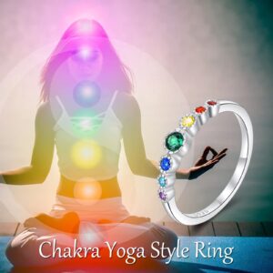 TIGER RIDER Chakra 925 Sterling Silver Ring for Women, Seven Chakras Healing Yoga Jewelry Ring for Mother’s Day Gifts, US 7