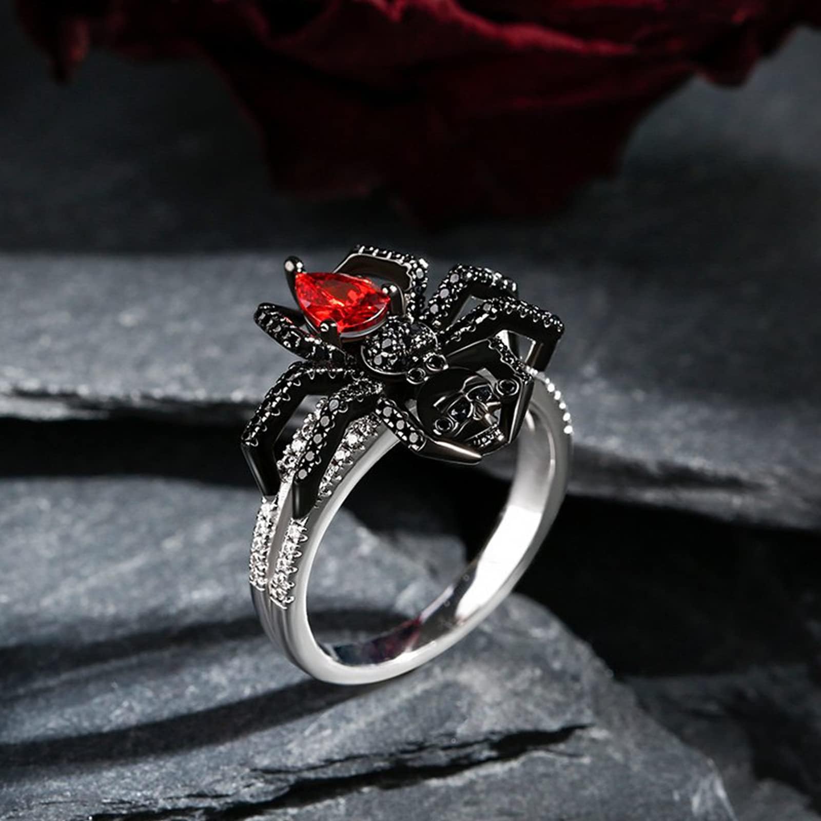 Jeulia Spider Skull Biker Black Ring Women Men Halloween Tone Pear Cut Sterling Silver Red Diamond Band Rings Black Plated Promise Rings with Jewelry Gift Box for Men(Black, 11)