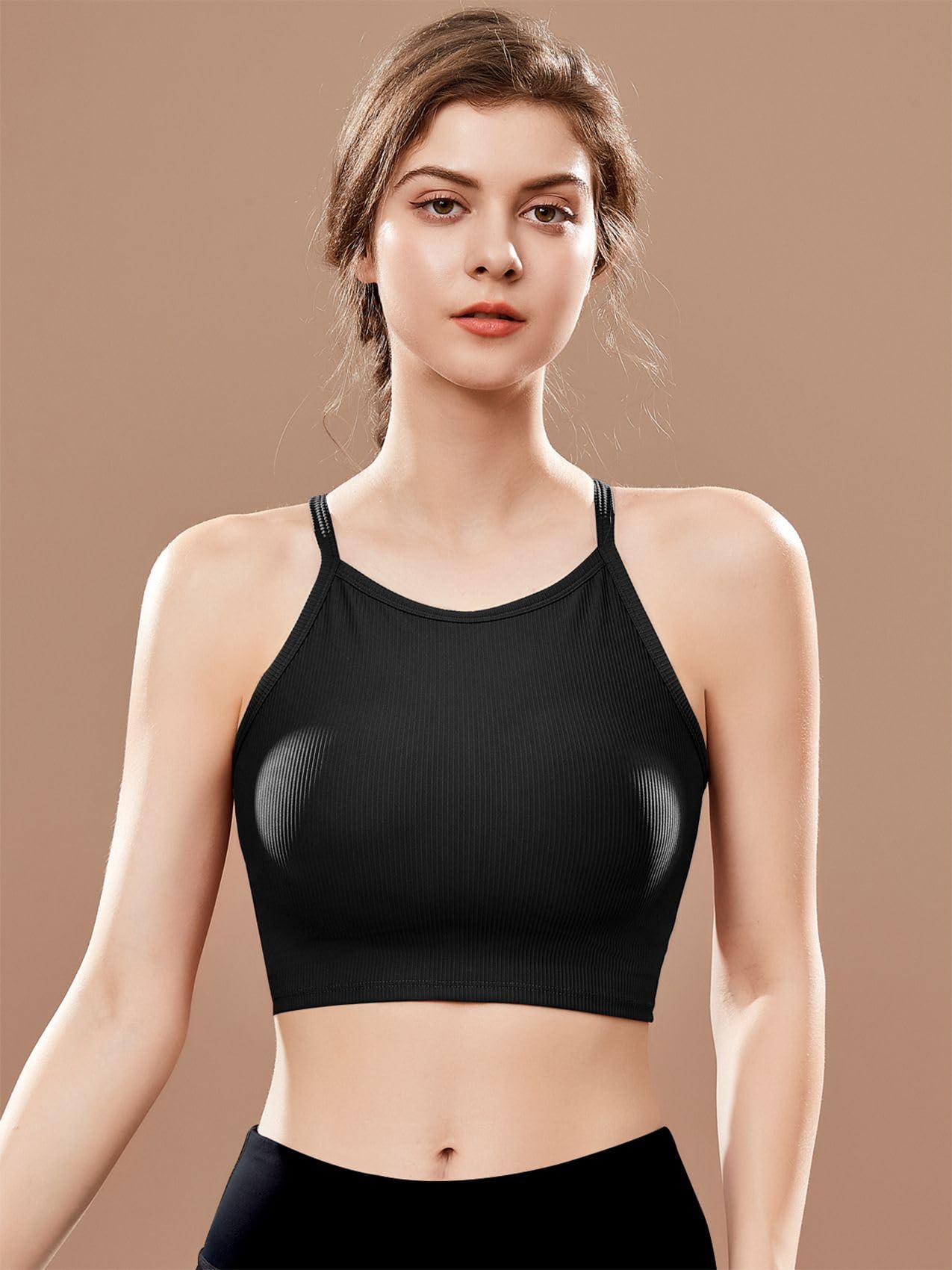 Chilylori High Neck Sports Bra Workout Crop Tops for Women Long Lined Sports Bra Ribbed Sports Bra Padded Yoga Tops Racerback Crop Tank Top for Women Workout Tops Sport Bra Black L