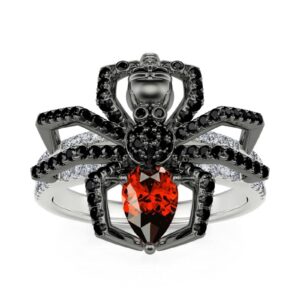 Jeulia Spider Skull Biker Black Ring Women Men Halloween Tone Pear Cut Sterling Silver Red Diamond Band Rings Black Plated Promise Rings with Jewelry Gift Box for Men(Black, 11)