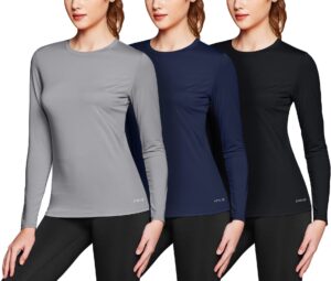 athlio women's upf 50+ long sleeve workout shirts, uv sun protection running shirt, dry fit athletic tops, round neck 3pack shirts black/cloud grey/navy, small