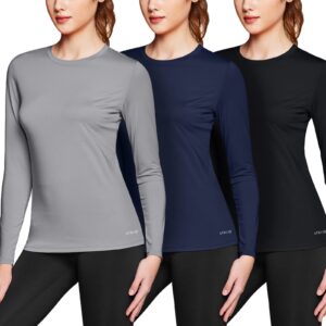 ATHLIO Women's UPF 50+ Long Sleeve Workout Shirts, UV Sun Protection Running Shirt, Dry Fit Athletic Tops, Round Neck 3pack Shirts Black/Cloud Grey/Navy, Small