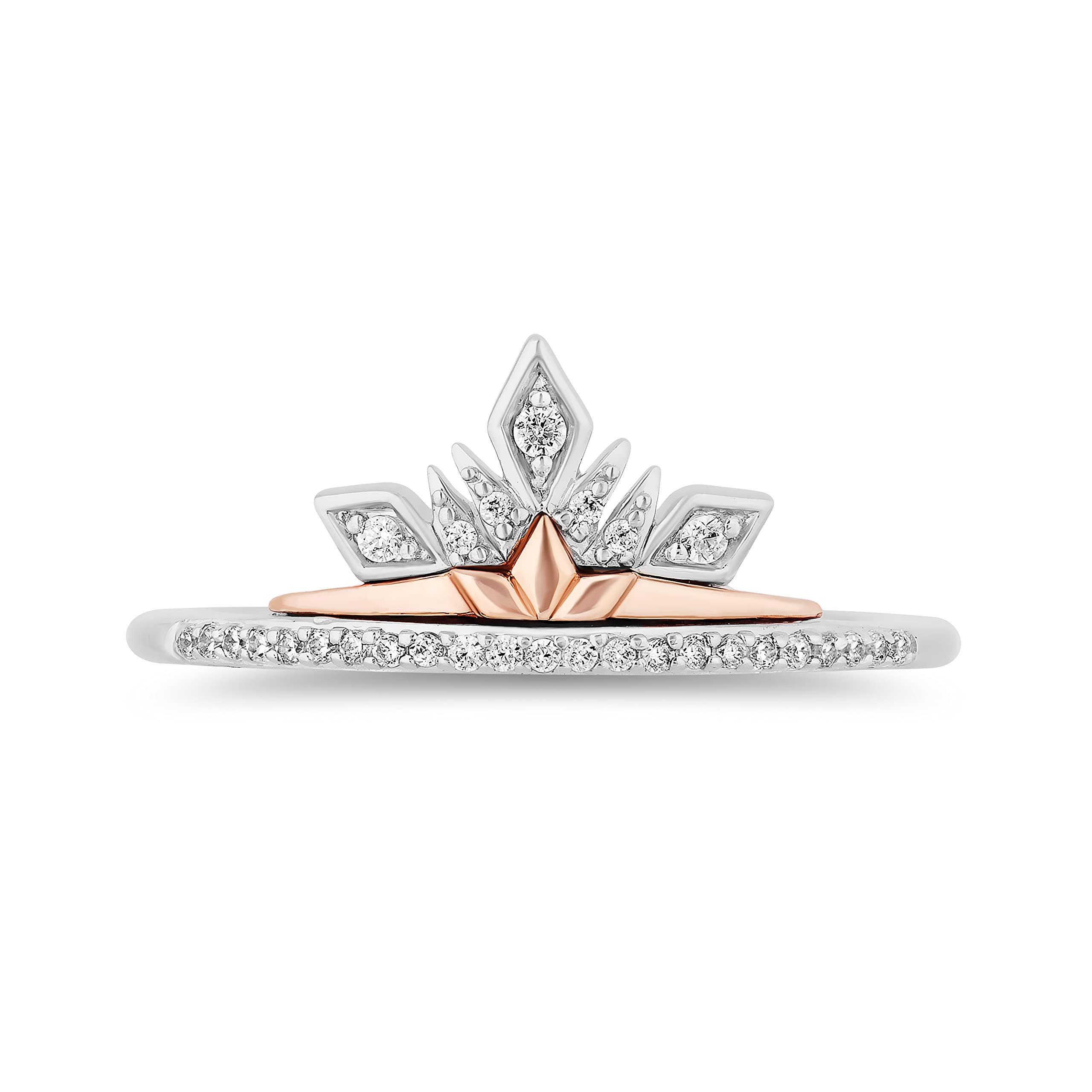 Jewelili Enchanted Disney Fine Jewelry Sterling Silver and 10K Rose Gold 1/6 Cttw Natural White Round Diamond Elsa-Anna Duo Stack Ring, Size 6