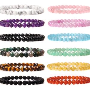 JEWPARK 12Pcs 6mm Gemstone Beaded Bracelets for Women Tiny Crushed Stone Crystal Couples Unisex Stretch Bracelets Jewelry