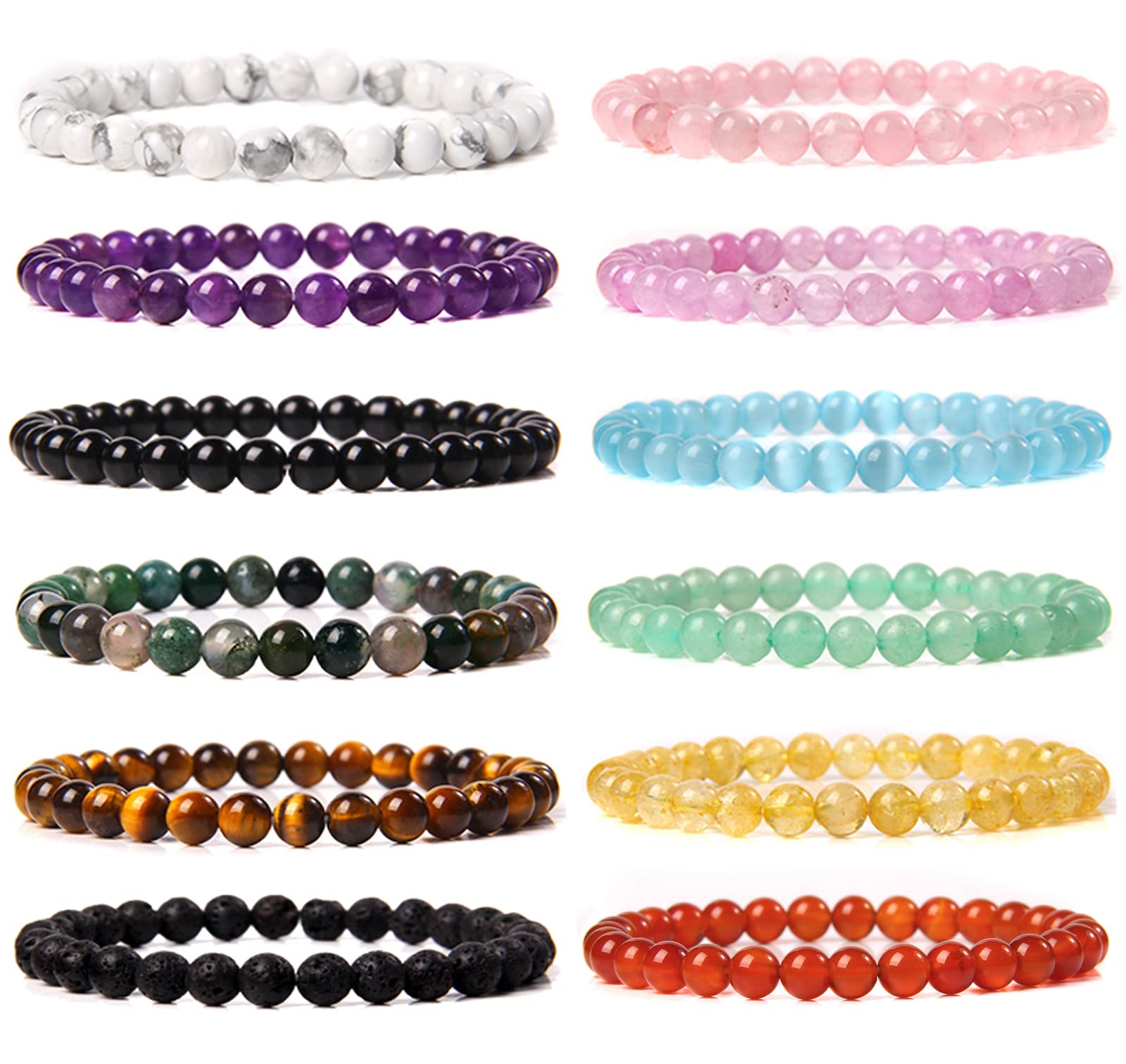 JEWPARK 12Pcs 6mm Gemstone Beaded Bracelets for Women Tiny Crushed Stone Crystal Couples Unisex Stretch Bracelets Jewelry