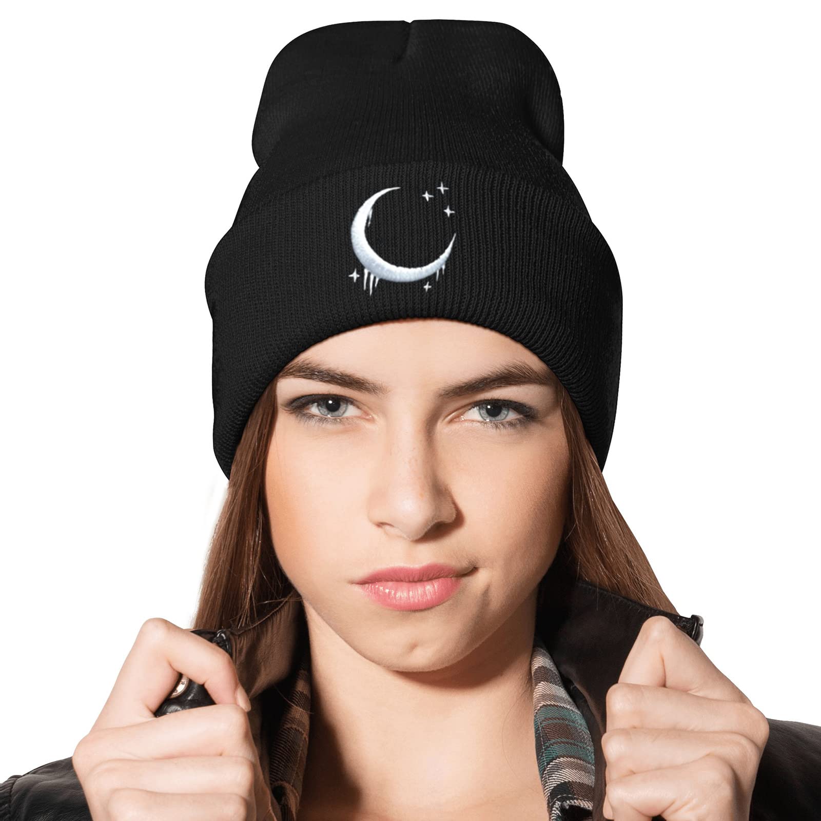 MiAnMiAn Moon Gothic Embroidery Beanie Knit Hats for Men & Women, Moon Beanie Embroidery Winter Hats Skull Cap