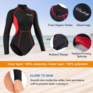 CtriLady Women Neoprene Wetsuit, Shorty Wetsuit for Women, 1.5mm Long Sleeve Diving Suits with Front Zipper UV Protection for Swimming Diving Snorkeling (Red,S)