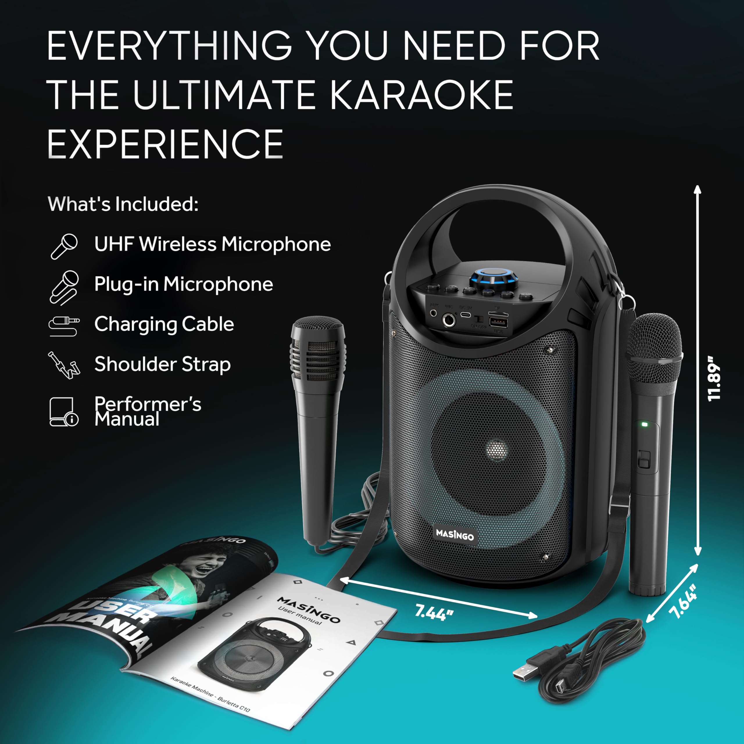 MASINGO Karaoke Machine for Kids and Adults with 1 Wireless Karaoke Microphone and 1 Wired Mic, PA Portable Speaker with LED Lights, Supports TF Card/USB, AUX/MIC in, TWS for Home Party, Burletta C10