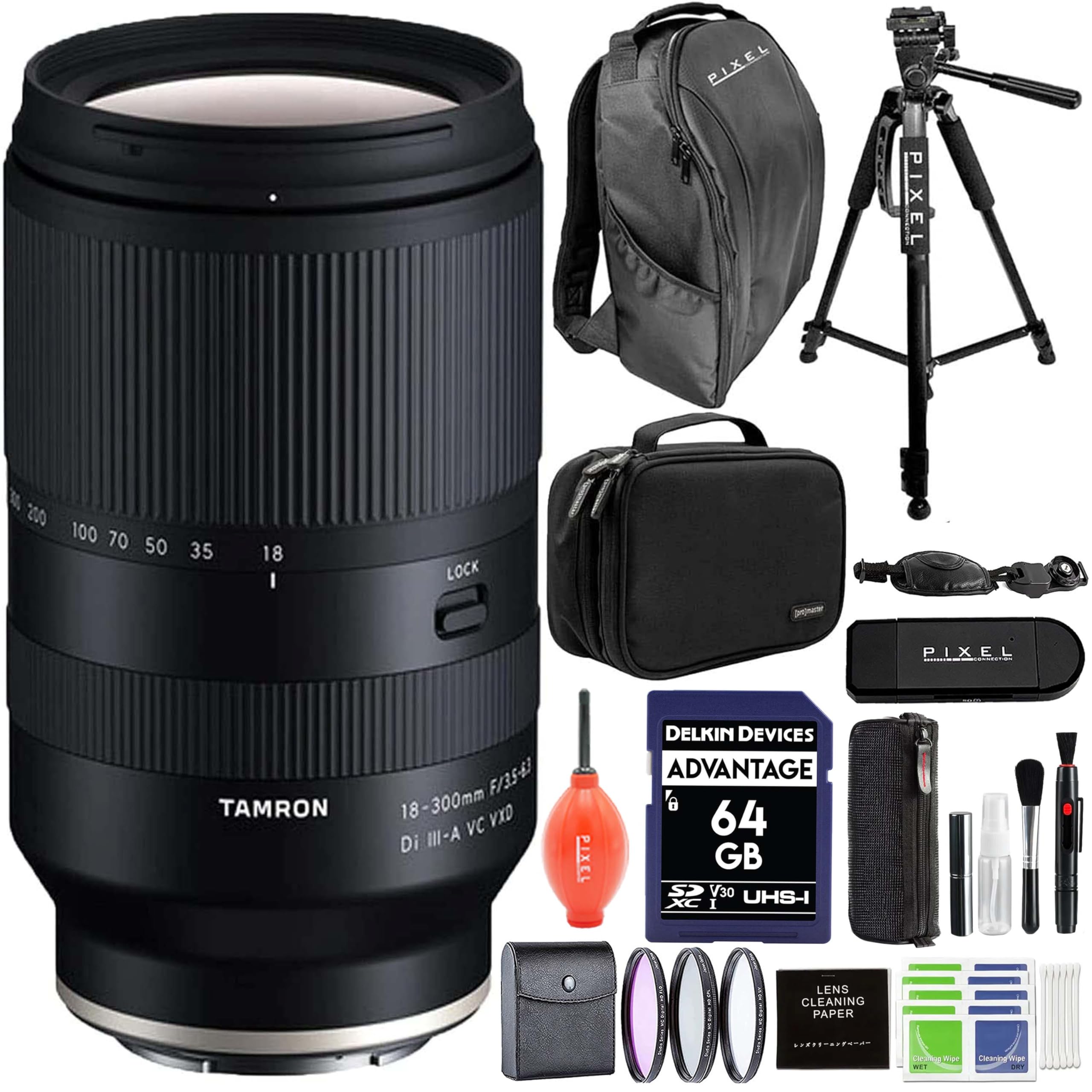 Tamron 18-300mm f/3.5-6.3 Di III-A VC VXD Lens for Sony E with with Advanced Accessory and Travel Bundle (Tamron 6 Year USA Warranty) | 18-300mm Sony Lens