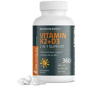 bronson basics vitamin k2 d3 (mk7) supplement non-gmo formula 5000iu (125 mcg) vitamin d3 & 90 mcg vitamin k2 mk-7 easy to swallow vitamin d & k complex, 360 tablets