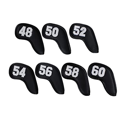 Scott Edward Prof 7Pcs Leather Wedge Golf Iron Head Covers Protective Club Waterproof & Scratch Resistant 48 50 52 54 56 58 60 Degree (Black White Number)