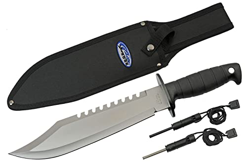 Szco Supplies 15” Rite Edge USA Survival Knife Saw-Back Outdoor Hunting, Camping Knife with Firestarter, Sharpener and Nylon Sheath Black, 211539