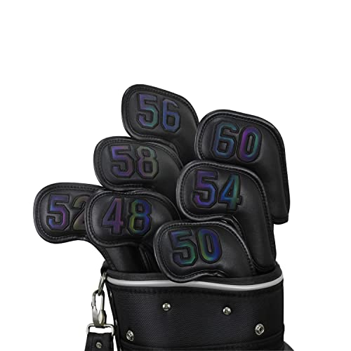 Scott Edward Prof 7Pcs Leather Wedge Golf Iron Head Covers Protective Club Waterproof & Scratch Resistant 48 50 52 54 56 58 60 Degree (Black Gradient Number)