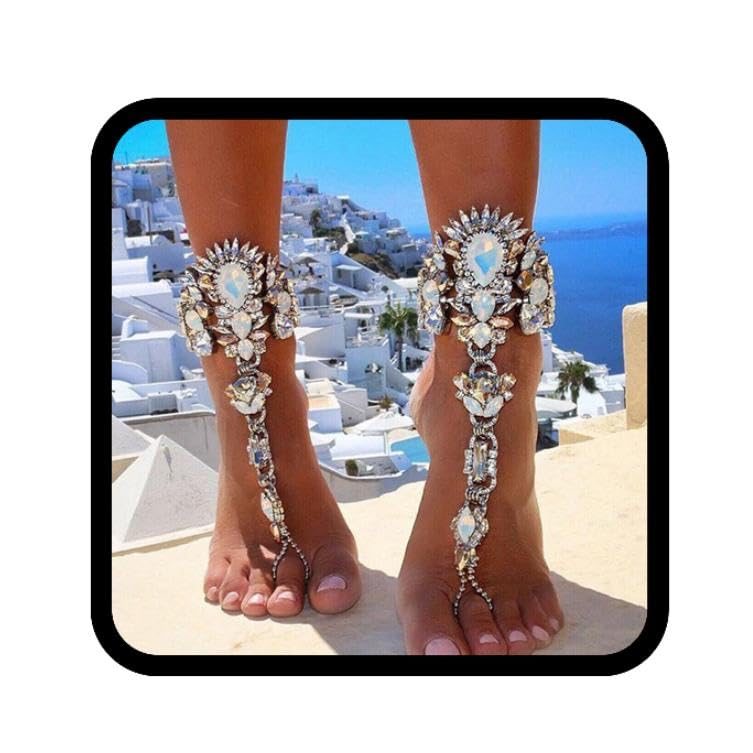 Woeoe Rhinestone Anklet Silver Crystal Barefoot Sandals Foot Chain Pearl Anklets Foot Chain Beach Foot Charm Jewelry for Women(silver)