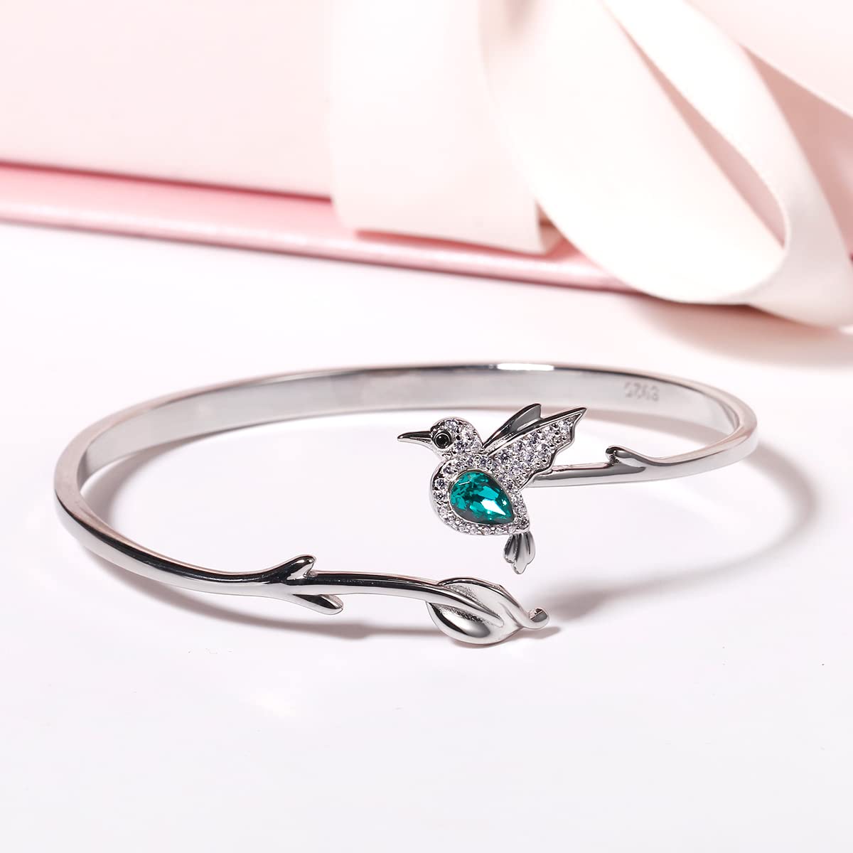 Jewever 925 Sterling Silver Hummingbird Bracelet For Women Cuff Cute Animal Bracelets Inlay Crystals Jewelry Gifts for Lady