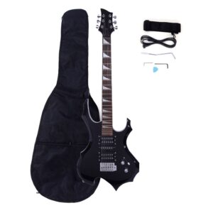 36“ beginner flame shaped electric guitar starter kit, w/guitar bag,shoulder strap,amp wire,tremolo arm, plectrum (black)