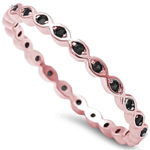 black cubic zirconia stackable endless eternity ring sterling silver rose gold-tone plated size 15