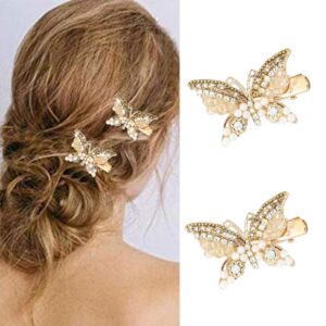 Bartosi Rhinestone Butterfly Hair Accessories Gold Crystal Decorative Alligator Hair Clips Pearl Pins (Pack of 2)