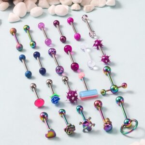 Ronbemo 22Pcs Assorted Styles 14G Tongue Rings Stainless Steel Tongue Piercing Barbells Long Tounge Piercing Jewelry for Women Men Rainbow