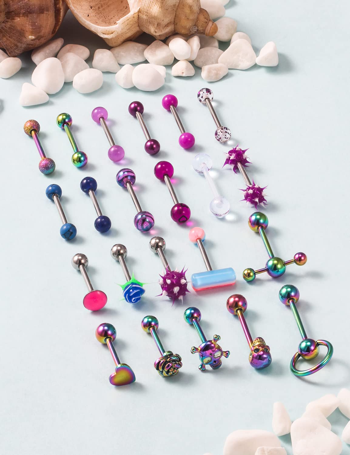 Ronbemo 22Pcs Assorted Styles 14G Tongue Rings Stainless Steel Tongue Piercing Barbells Long Tounge Piercing Jewelry for Women Men Rainbow