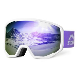 stomp ski/snowboarding goggles 100% uv400 protection replaceable lens/straps goggle for men, women & youth (white frame/purple lens vlt 12%)