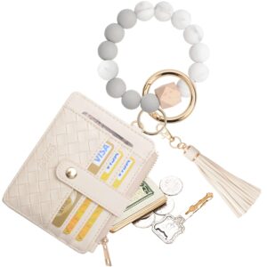 COOLANS Wristlet Bracelet Keychain Pocket Credit Card Holder Purse Tassel Keychain Bangle Key Ring for Women (Silicone Bead Bracelet+Card Purse (Creamy white))