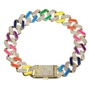 apzzic 12mm colorful full iced out paved rhinestones miami cuban prong chain cz bling hip hop rapper bracelet for men women gold 8inch