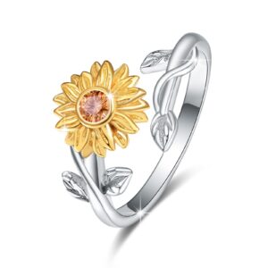 aoveao sunflower rings for women, 925 sterling silver you are my sunshine adjustable open band rings sunflower jewelry gifts