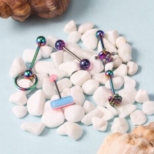 Ronbemo 22Pcs Assorted Styles 14G Tongue Rings Stainless Steel Tongue Piercing Barbells Long Tounge Piercing Jewelry for Women Men Rainbow