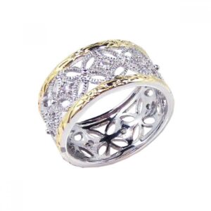 clear cubic zirconia flowers ring two tone plated sterling silver size 7