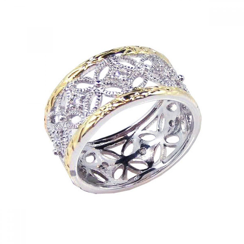 Clear Cubic Zirconia Flowers Ring Two Tone Plated Sterling Silver Size 7