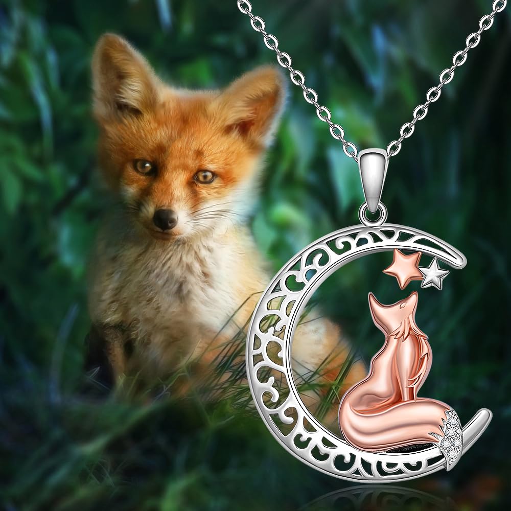 Jewlikee Fox Necklace Animal Fox Pendant 925 Sterling Silver Celtic Moon Cute Foxes Gifts