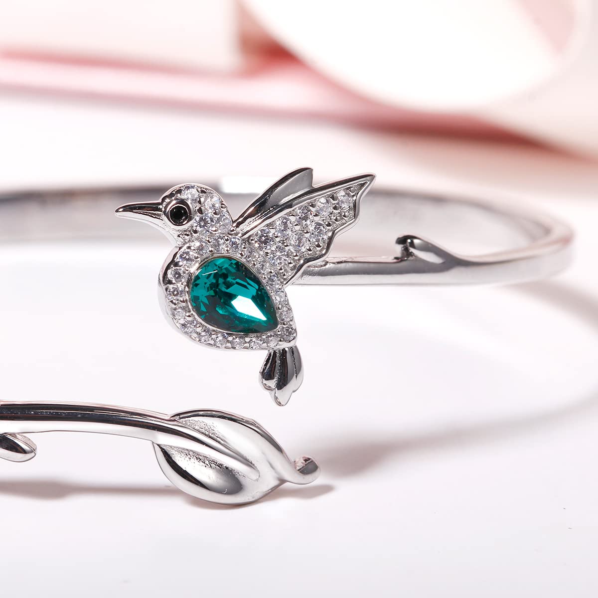 Jewever 925 Sterling Silver Hummingbird Bracelet For Women Cuff Cute Animal Bracelets Inlay Crystals Jewelry Gifts for Lady