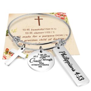 Haoze Christian Gifts for Women, Religious Cross Charm Bracelet Engraved Inspirational Bible Verse Jewelry Christian Confirmation Bracelet(I can do ALL THINGS Through Christ who strengthens me)