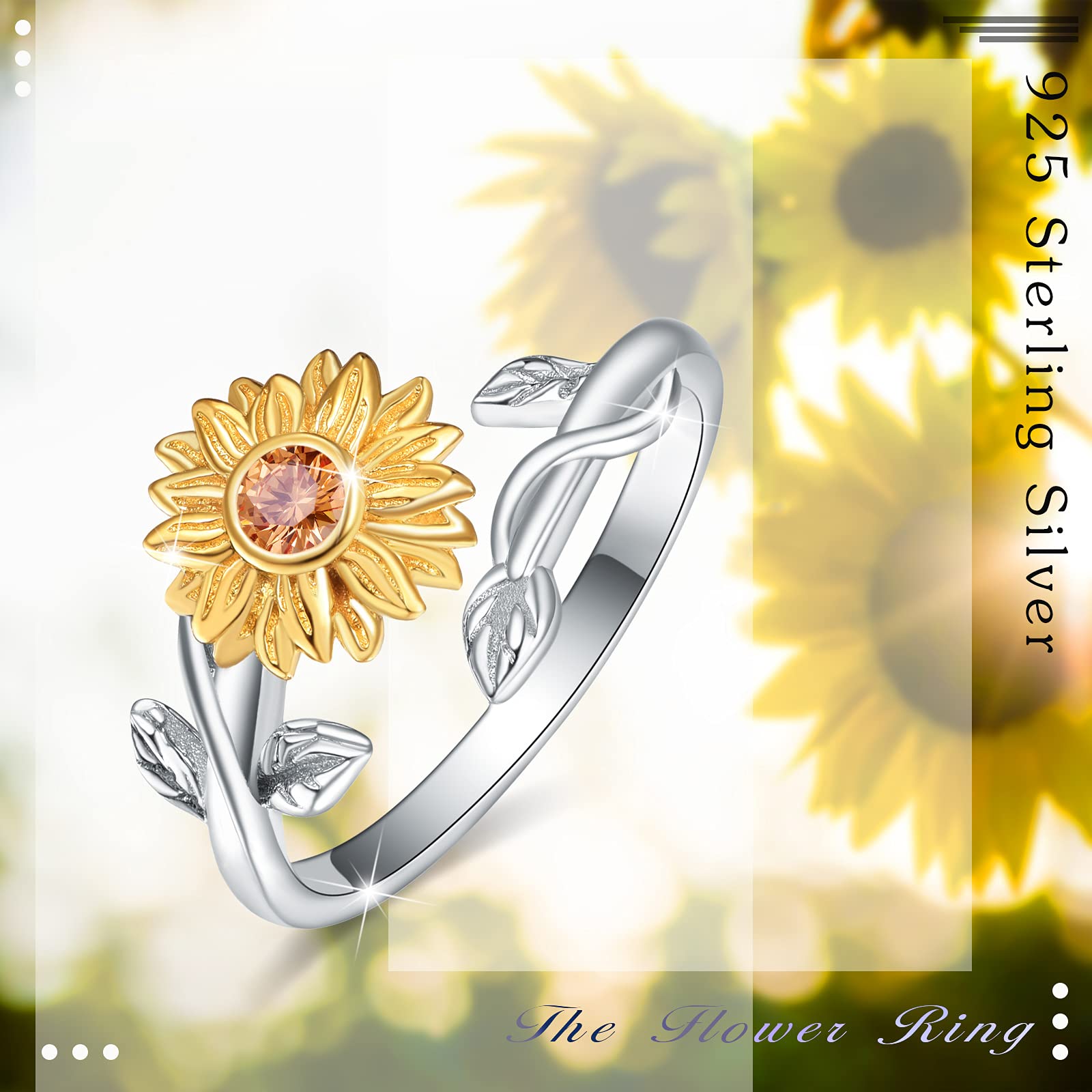 AOVEAO Sunflower Rings for Women, 925 Sterling Silver You are My Sunshine Adjustable Open Band Rings Sunflower Jewelry Gifts