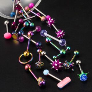 Ronbemo 22Pcs Assorted Styles 14G Tongue Rings Stainless Steel Tongue Piercing Barbells Long Tounge Piercing Jewelry for Women Men Rainbow