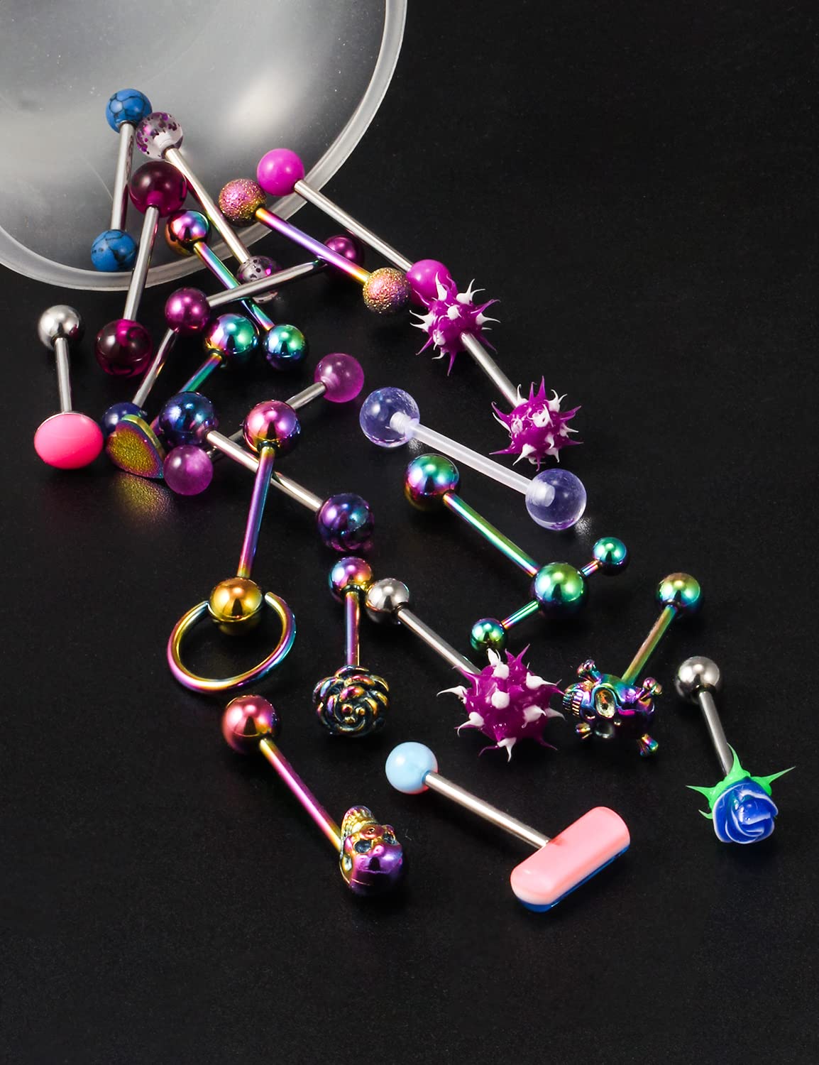 Ronbemo 22Pcs Assorted Styles 14G Tongue Rings Stainless Steel Tongue Piercing Barbells Long Tounge Piercing Jewelry for Women Men Rainbow