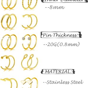 Tornito 20G 38Pcs Stainless Steel L Bone Screw Shaped Nose Studs Nose Rings CZ Hoop Tragus Cartilage Nose Ring Labret Nose Piercing Jewelry for Men Women Rose Gold Tone (G:38Pcs, Gold&Screw)