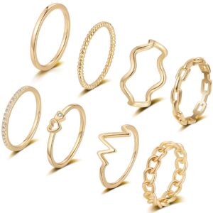 honsny 8pcs 14k gold plated stacking rings for women gold silver stackable knuckle rings twist thumb thin dainty gold band rings wave finger eternity silver ring set for teen girls size 5 to 11