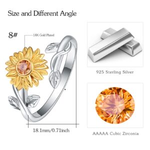 AOVEAO Sunflower Rings for Women, 925 Sterling Silver You are My Sunshine Adjustable Open Band Rings Sunflower Jewelry Gifts