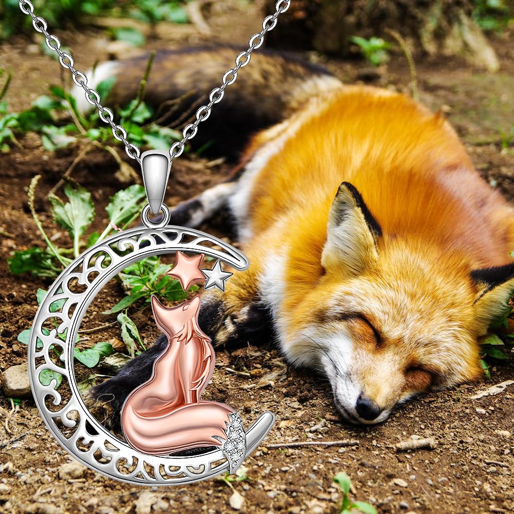 Jewlikee Fox Necklace Animal Fox Pendant 925 Sterling Silver Celtic Moon Cute Foxes Gifts