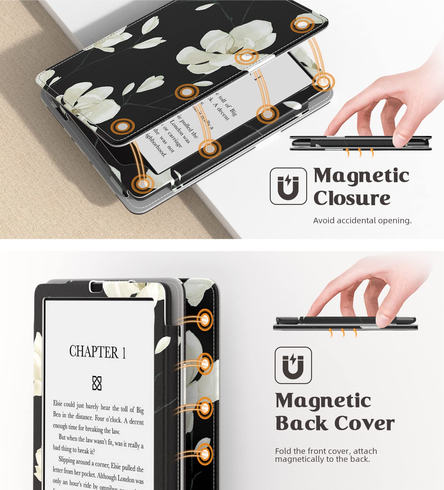 MoKo Case for 6.8" Kindle Paperwhite (11th Gen 2021) and Kindle Paperwhite Signature Edition, Slim PU Shell Cover Case with Auto-Wake/Sleep for Kindle Paperwhite 2021 E-Reader, Black & White Magnolia