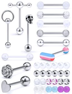 hnxnskt 12pcs 14g tongue rings + 24pcs matching replacement balls pack multicolor tongue piercing barbells surgical stainless steel tounge jewelry for women men silver-tone