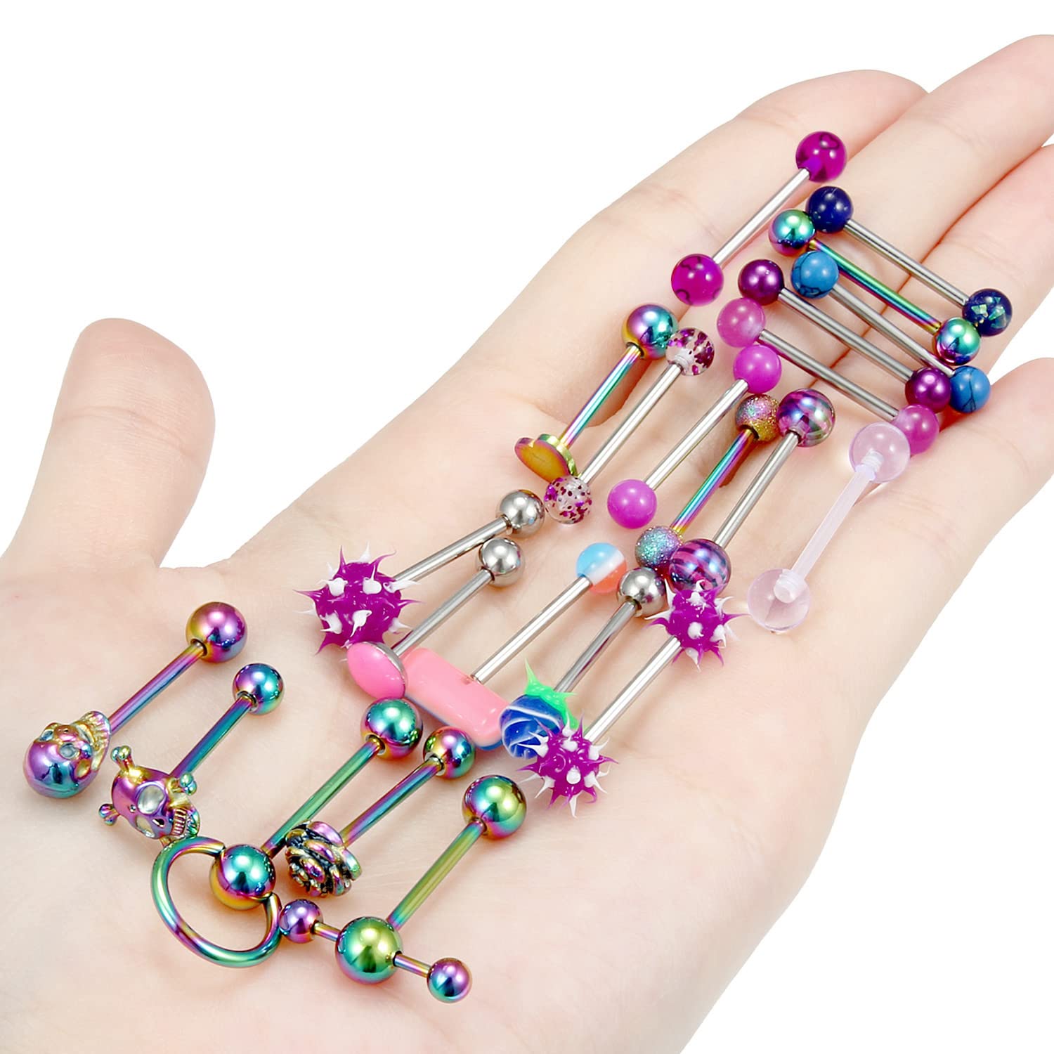 Ronbemo 22Pcs Assorted Styles 14G Tongue Rings Stainless Steel Tongue Piercing Barbells Long Tounge Piercing Jewelry for Women Men Rainbow