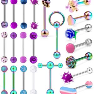 Ronbemo 22Pcs Assorted Styles 14G Tongue Rings Stainless Steel Tongue Piercing Barbells Long Tounge Piercing Jewelry for Women Men Rainbow