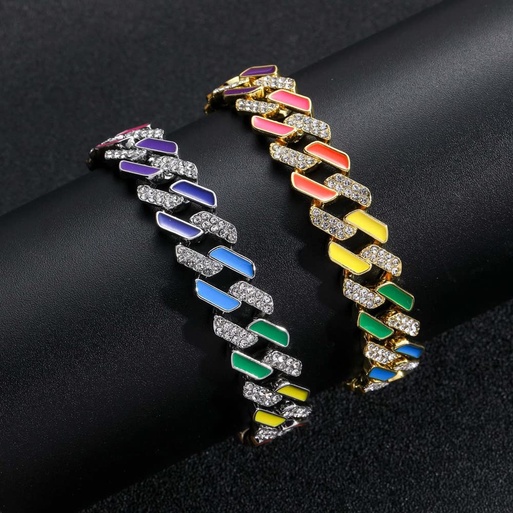 Apzzic 12mm Colorful Full Iced Out Paved Rhinestones Miami Cuban Prong Chain CZ Bling Hip Hop Rapper Bracelet for Men Women Gold 8inch