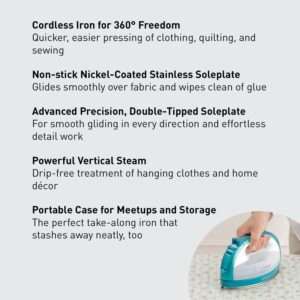 Panasonic Cordless Iron, Portable 360-Degree Freestyle Dry/Steam Iron with Precision Tips and Stainless Steel Soleplate, Anti-Calc and Anti-Drip, Power Base and Carrying/Storage - NI-QL1000G (Teal)